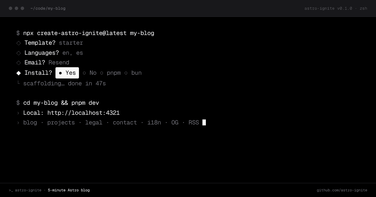 Terminal walkthrough of scaffolding an Astro blog with the astro-ignite CLI and deploying to a live URL.