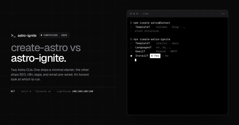 Side-by-side terminal mockup comparing the create-astro and astro-ignite CLIs.