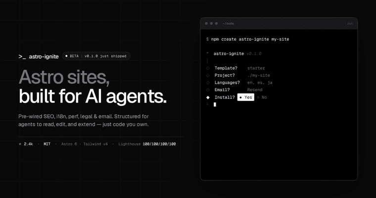 Banner de GitHub de astro-ignite — "Astro sites, built for AI agents" junto al flujo de setup en terminal de create-astro-ignite.