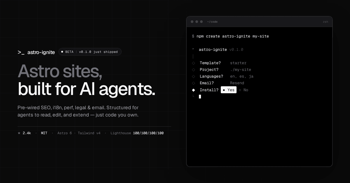 Banner de GitHub de astro-ignite — "Astro sites, built for AI agents" junto al flujo de setup en terminal de create-astro-ignite.